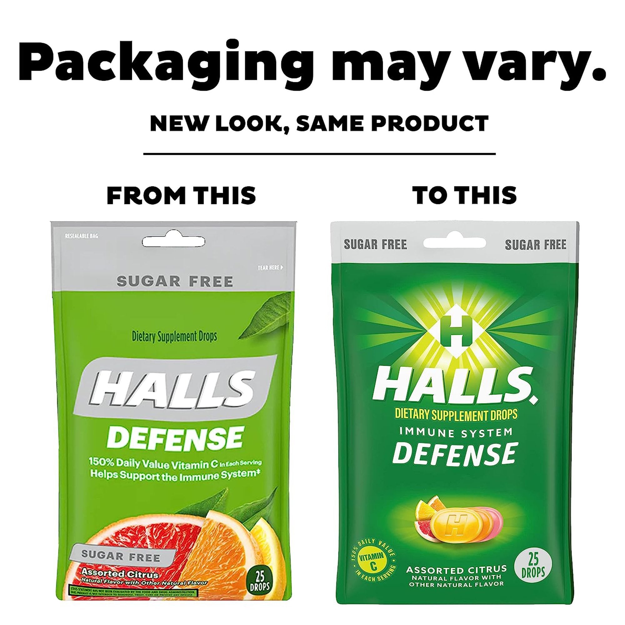 Halls Defense Dietary Supplement Drops Sugar Free Assorted Citrus-Vitamin C Supplement Halls Defense Lozenge 25 per Bag Citrus Flavor