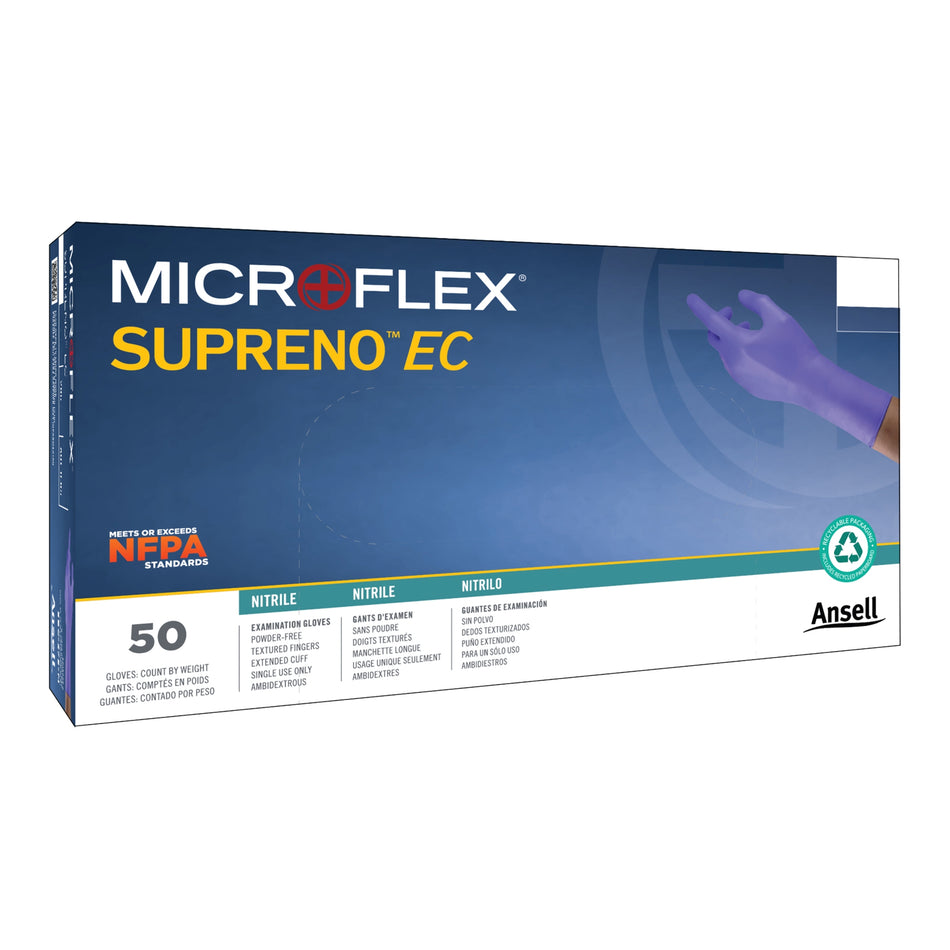 Supreno EC Nitrile Extended Cuff Length Exam Glove, Medium, Blue-Exam Glove Supreno EC Medium NonSterile Nitrile Extended Cuff Length Textured Fingertips Blue Chemo Tested / Fentanyl Tested