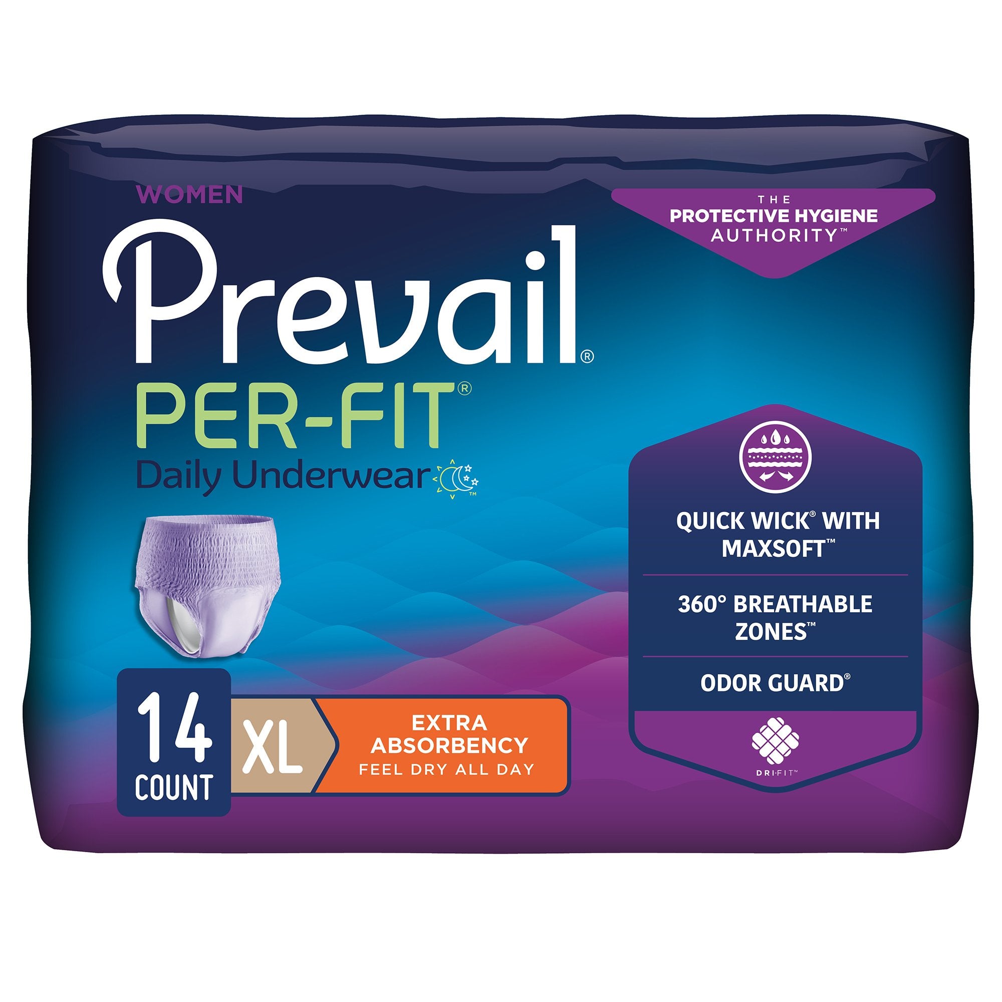 Prevail Per-Fit Women Extra Absorbent Underwear, Extra Large-Female Adult Absorbent Underwear Prevail Per-Fit Pull On with Tear Away Seams X-Large Disposable Moderate Absorbency