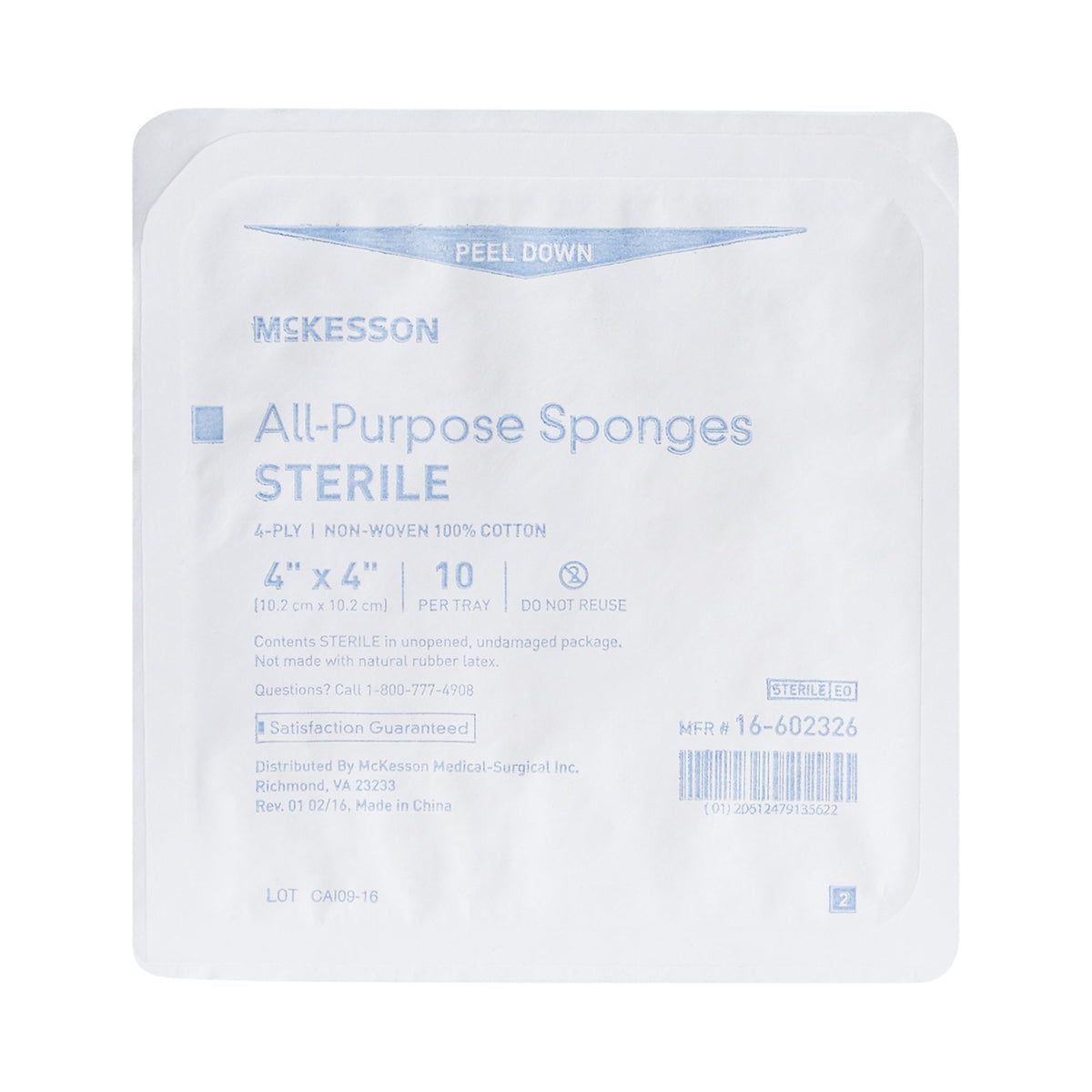 McKesson Sterile Nonwoven Sponge, 4 x 4 Inch, 4-Ply-Nonwoven Sponge McKesson 4 X 4 Inch 4-Ply Sterile 10 per Tray