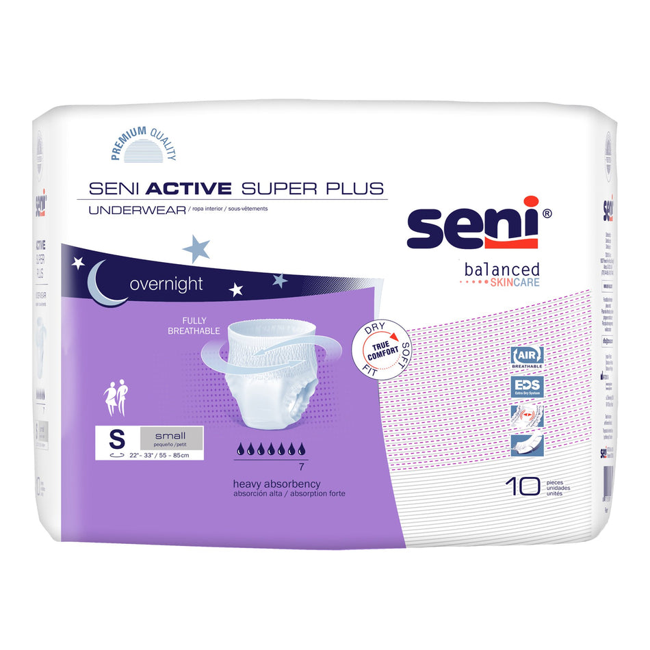 Seni Active Super Plus Overnight Heavy Absorbent Underwear, Small-Unisex Adult Absorbent Underwear Seni Active Super Plus Pull On with Tear Away Seams Small Disposable Heavy Absorbency