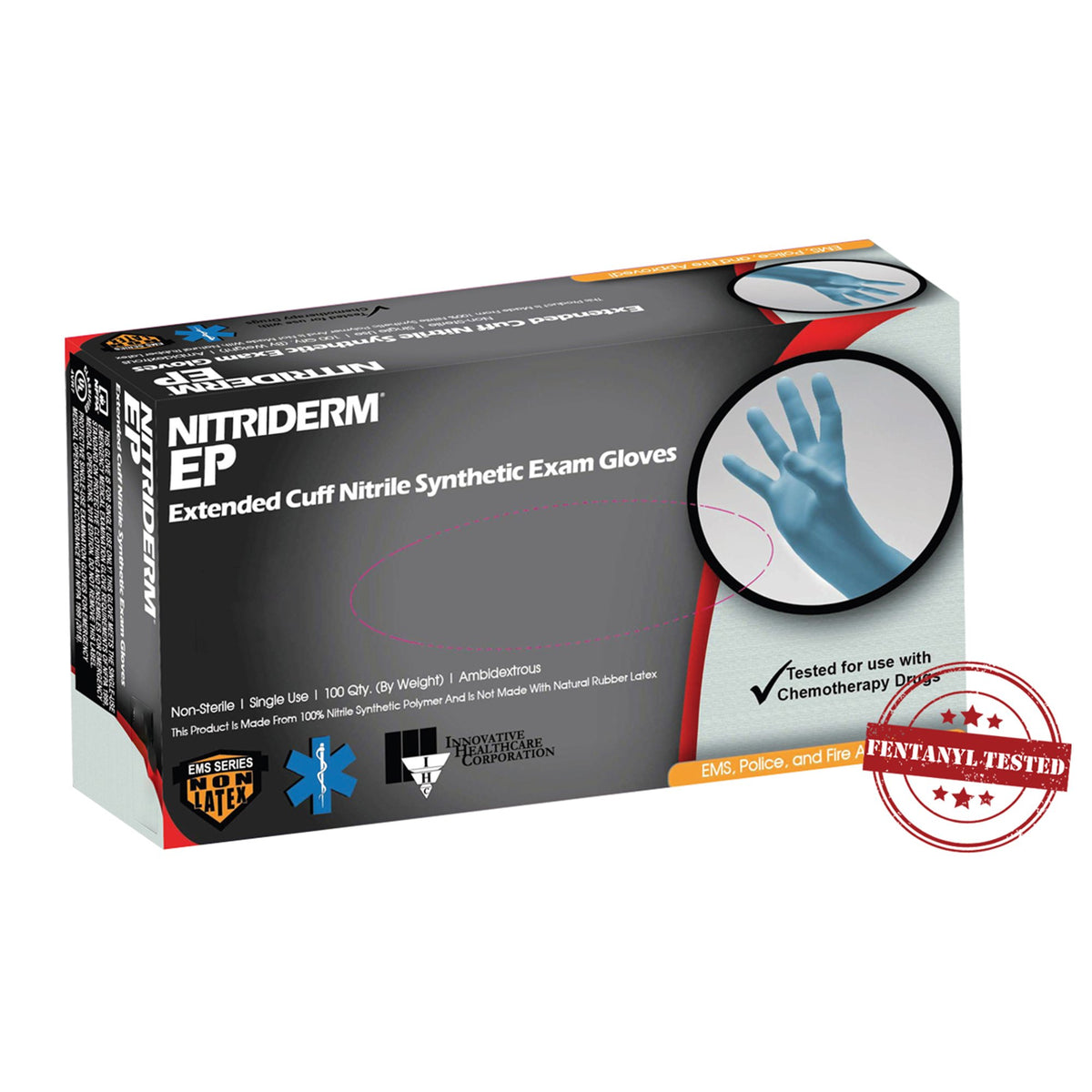 NitriDerm EP Nitrile Extended Cuff Length Exam Glove, Large, Blue-Exam Glove NitriDerm EP Large NonSterile Nitrile Extended Cuff Length Fully Textured Blue Chemo Tested / Fentanyl Tested
