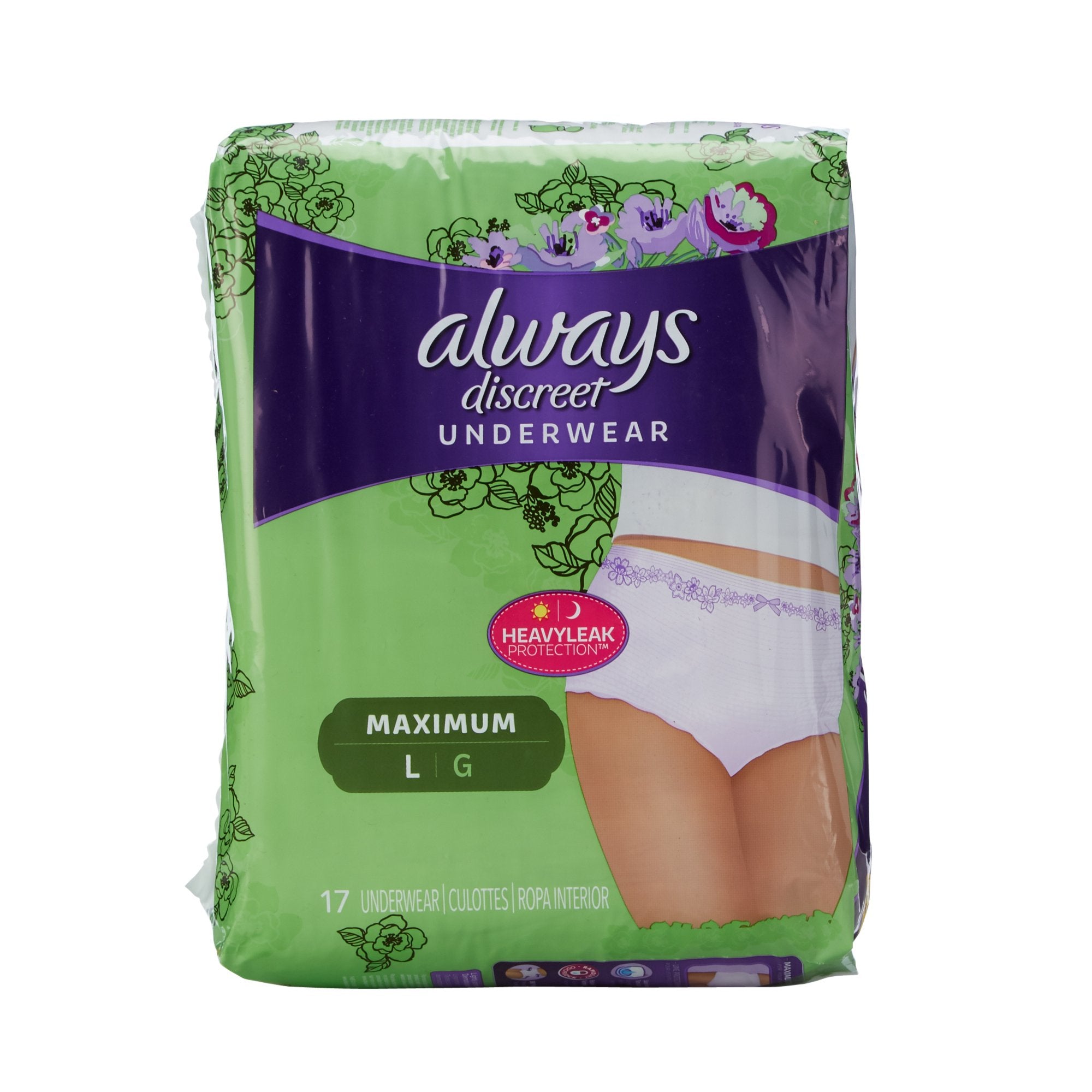 Always Discreet Maximum Absorbent Underwear, Large-Female Adult Absorbent Underwear Always Discreet Pull On with Tear Away Seams Large Disposable Heavy Absorbency
