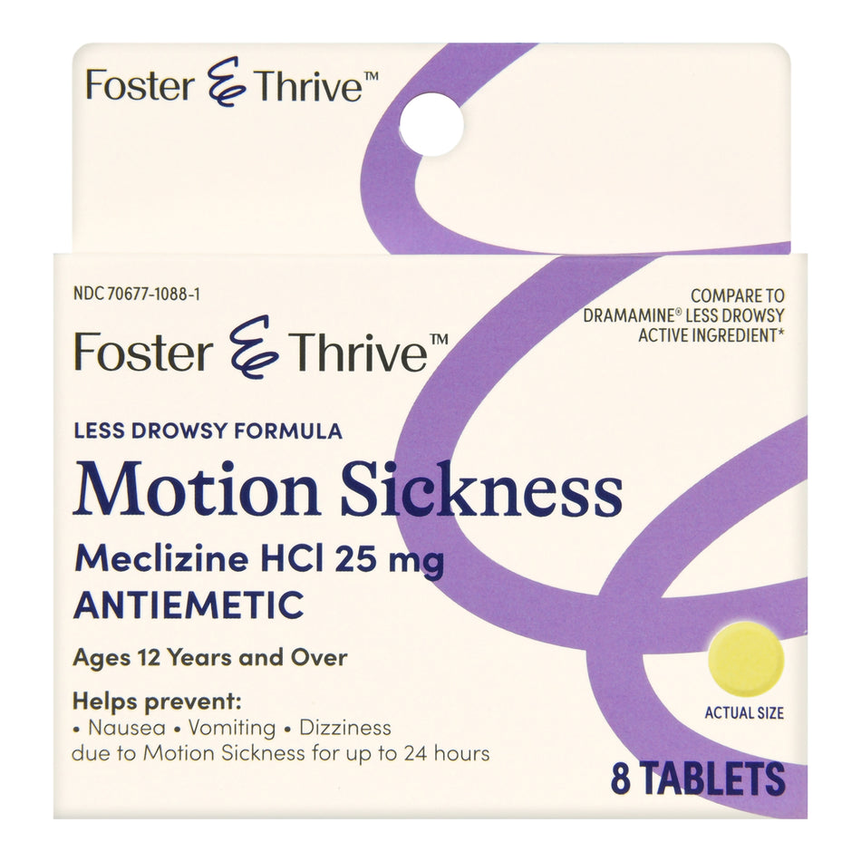 Foster & Thrive Less Drowsy Motion Sickness Meclizine HCl 25 mg Tablets-Nausea Relief Foster & Thrive 25 mg Strength Tablet 8 per Box