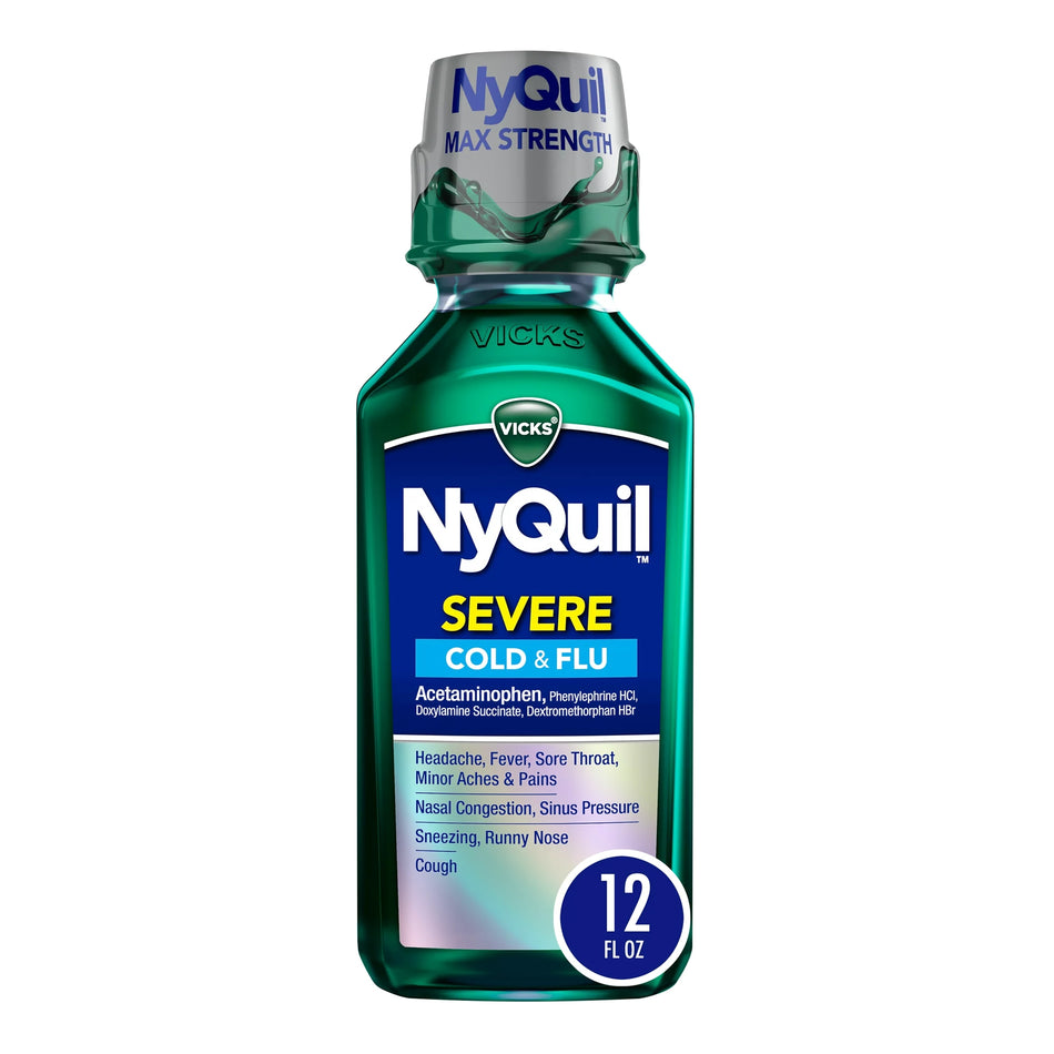 NyQuil Severe Cold & Flu Liquid, 12-ounce Bottle-Cold and Cough Relief NyQuil 650 mg - 20 mg - 12.5 mg- 10 mg / 30 mL Strength Liquid 12 oz.