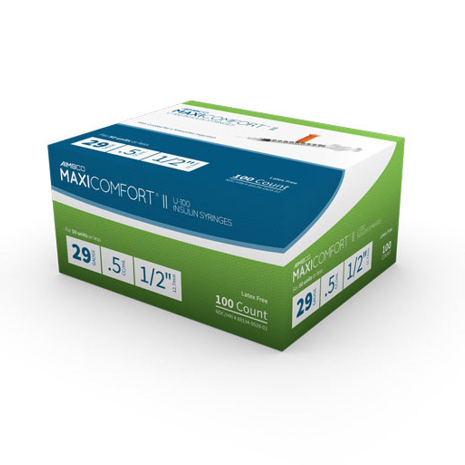 MaxiComfort II Standard Insulin 0.5 mL Syringe with Needle, 29 Gauge, 1/2 Inch-Standard Insulin Syringe with Needle AIMSCO 0.5 mL 1/2 Inch 29 Gauge NonSafety Ultra Thin Wall