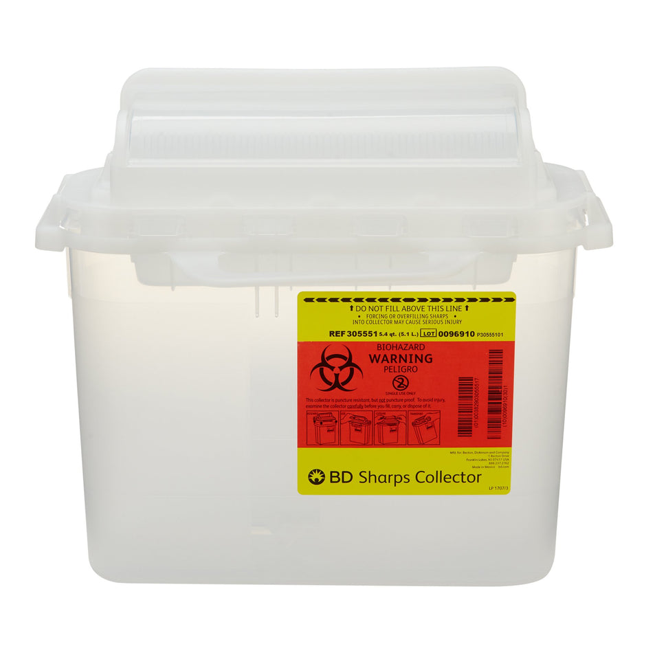 BD� Sharps Container, 5.4 Quart, 12 x 12 x 4-4/5 Inch-Sharps Container BD� Translucent White Base 12 H X 12 W X 4-4/5 D Inch Horizontal Entry 1.35 Gallon