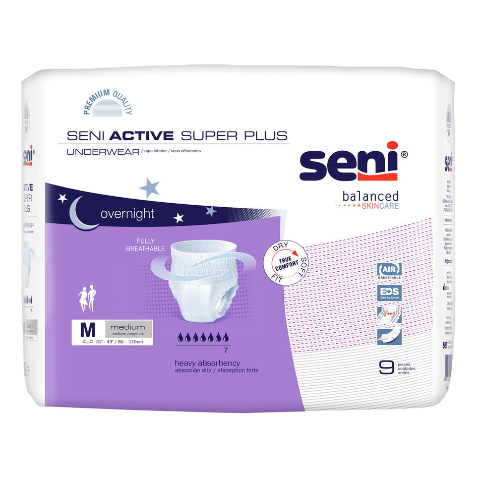 Seni Active Super Plus Overnight Heavy Absorbent Underwear, Medium-Unisex Adult Absorbent Underwear Seni Active Super Plus Pull On with Tear Away Seams Medium Disposable Heavy Absorbency