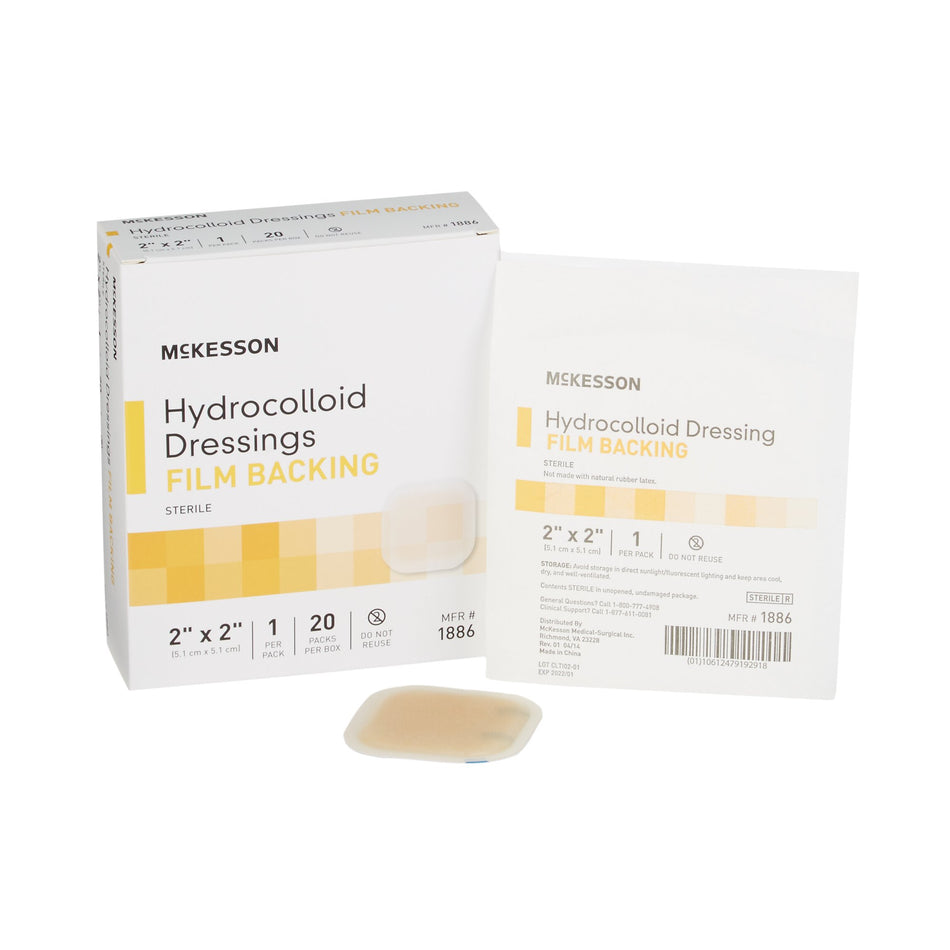 McKesson Hydrocolloid Dressing, 2 x 2 Inch-Hydrocolloid Dressing McKesson Waterproof Film Backing 2 X 2 Inch Square Hydrocolloid / Film