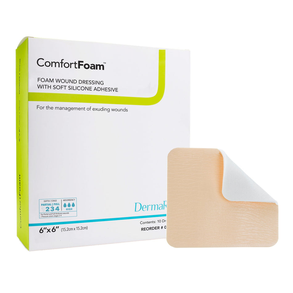 ComfortFoam� Border Silicone Adhesive with Border Silicone Foam Dressing, 6 x 6 Inch-Foam Dressing ComfortFoam� Border 6 X 6 Inch With Border Waterproof Backing Silicone Adhesive Square Sterile