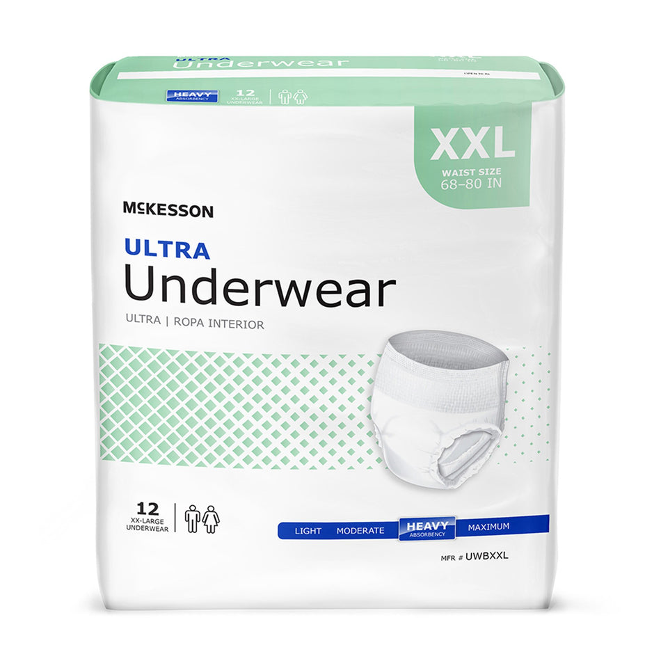 McKesson Ultra Heavy Absorbent Underwear, 2X-Large-Unisex Adult Absorbent Underwear McKesson Ultra Pull On with Tear Away Seams 2X-Large Disposable Heavy Absorbency