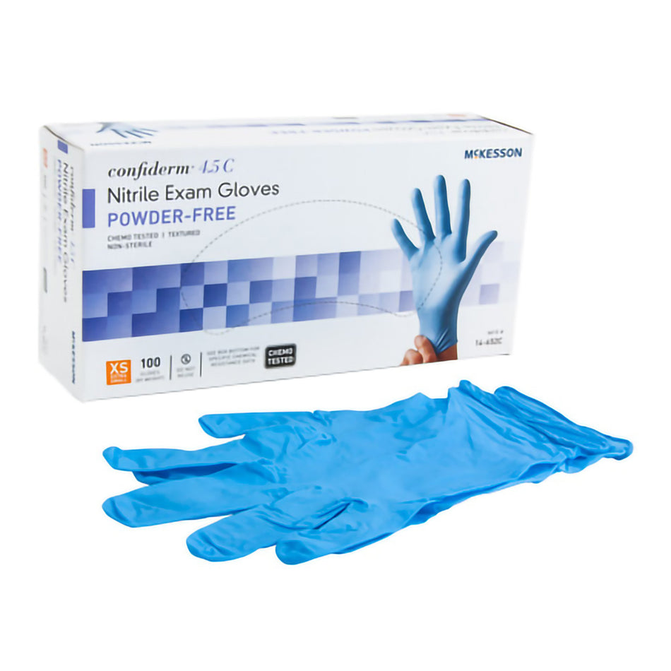McKesson Confiderm 4.5C Nitrile Exam Glove, Extra Small, Blue-Exam Glove McKesson Confiderm 4.5C X-Small NonSterile Nitrile Standard Cuff Length Textured Fingertips Blue Chemo Tested