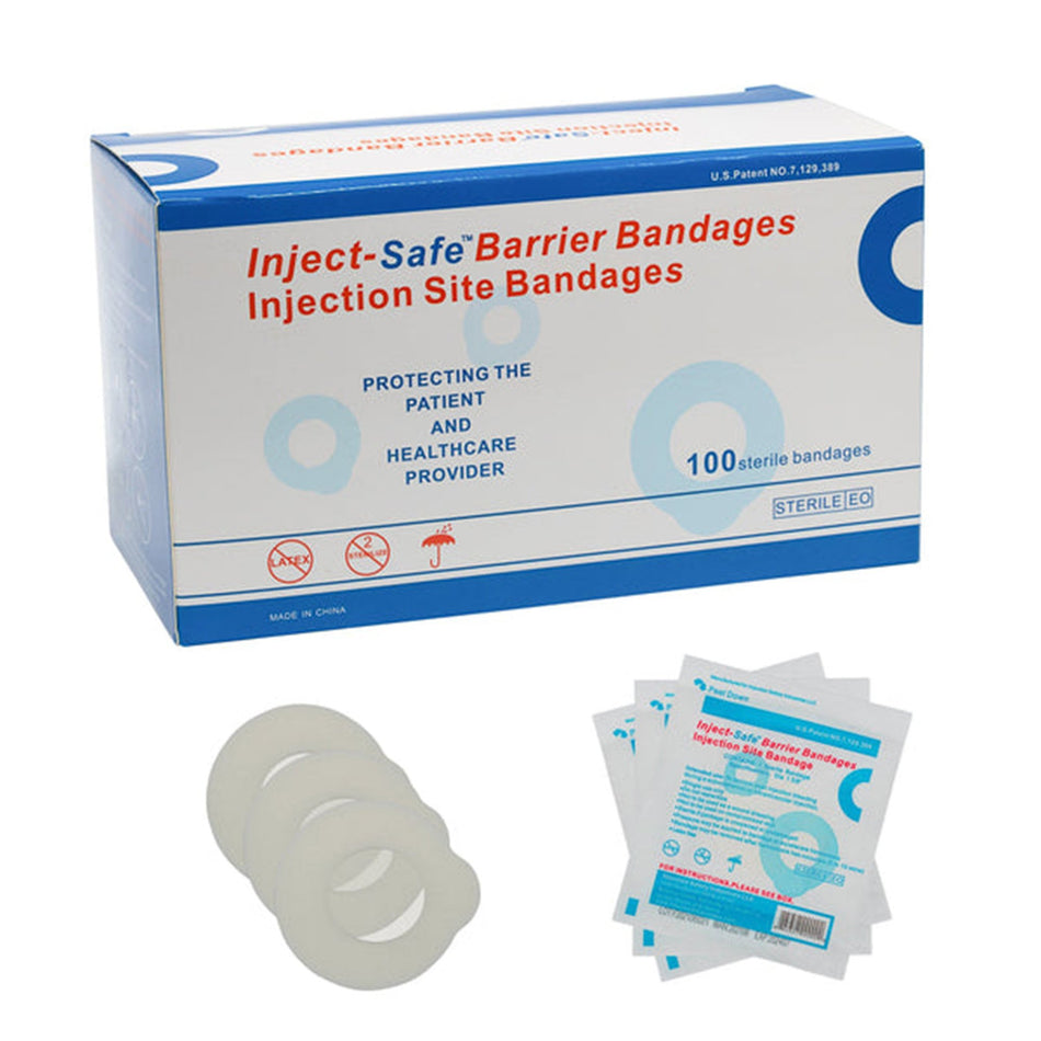 Inject-Safe� Adhesive Barrier Strip, 1-3/8 Inch Diameter-Pre-Injection Adhesive Strip Inject-Safe� 1-3/8 Inch Diameter Film / Foam Round White Sterile