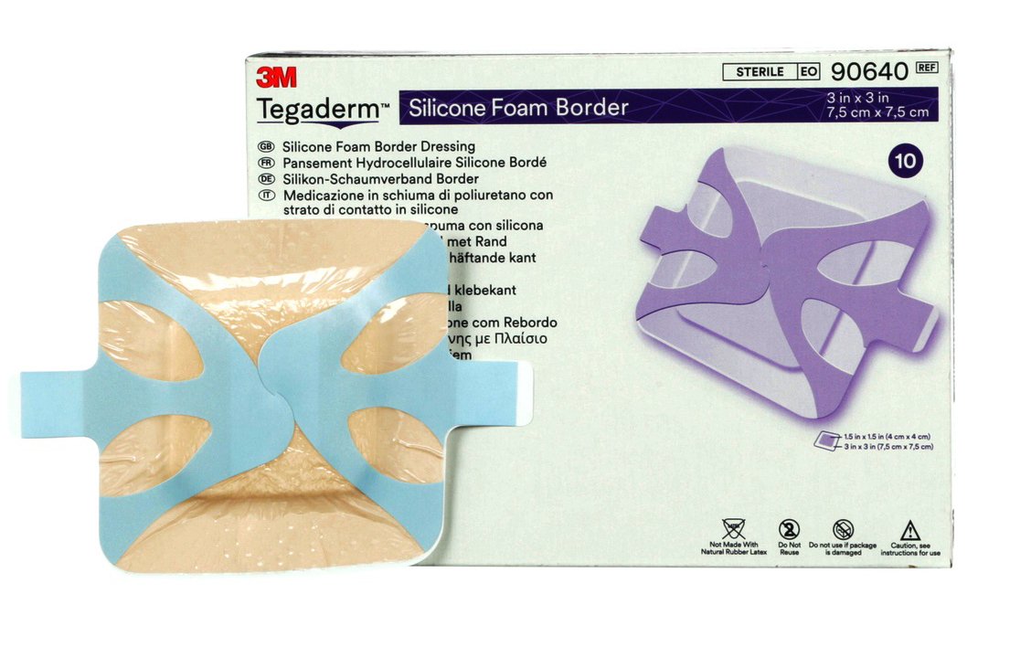 3M Tegaderm Silicone Adhesive with Border Silicone Foam Dressing, 3 x 3 Inch-Foam Dressing 3M Tegaderm 3 X 3 Inch With Border Film Backing Silicone Adhesive Square Sterile