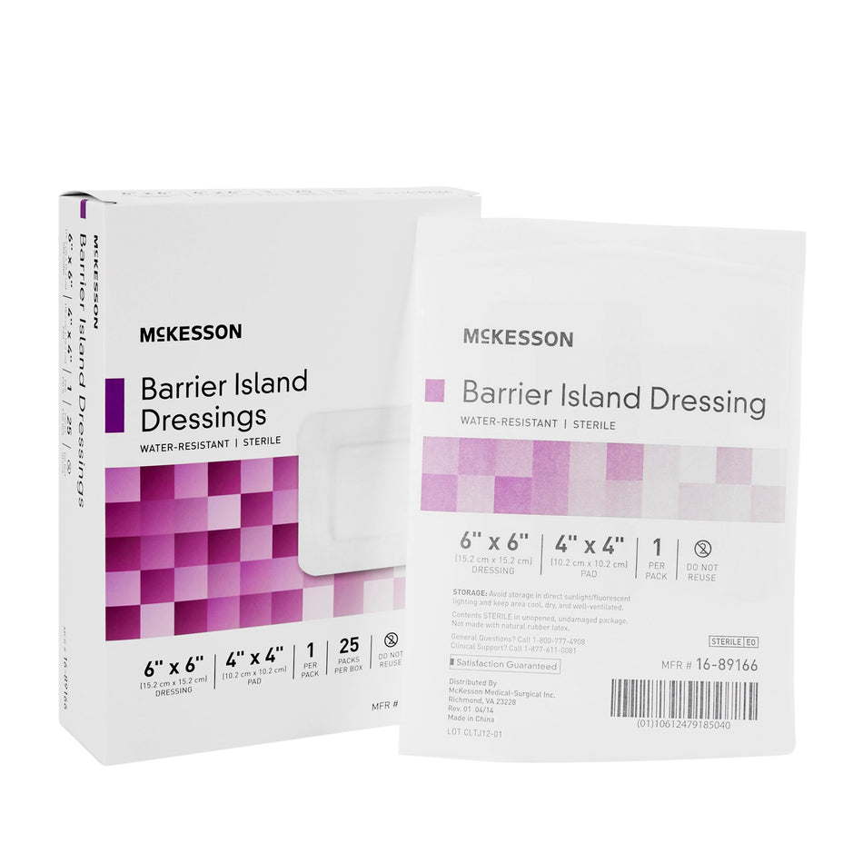 McKesson Composite Barrier Island Dressing, 6 x 6 Inch-Composite Dressing McKesson 6 X 6 Inch Square Sterile Water Resistant Film Backing