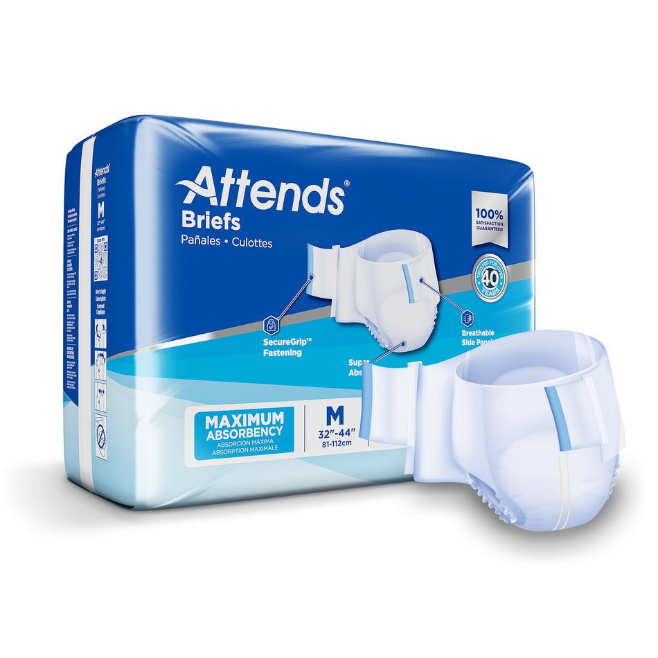 Attends Briefs, Adult, Medium, Heavy Absorbency, Disposable, White-Unisex Incontinence Brief Attends Medium Disposable Heavy Absorbency