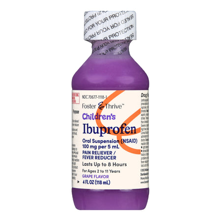 Foster & Thrive Children's Ibuprofen 100 mg pr 5 mL Oral Suspension (NSAID) Grape-Children's Pain Relief Foster & Thrive 100 mg / 5 mL Strength Ibuprofen Oral Suspension 4 oz.