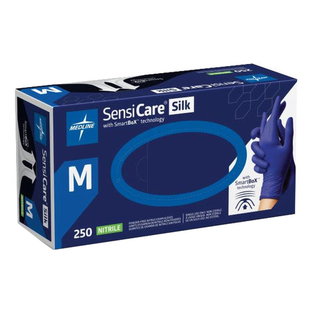 Exam Glove SensiCare® Silk Medium 250 per Box NonSterile Nitrile Standard Cuff Length Textured Fingertips Dark Blue Chemo...