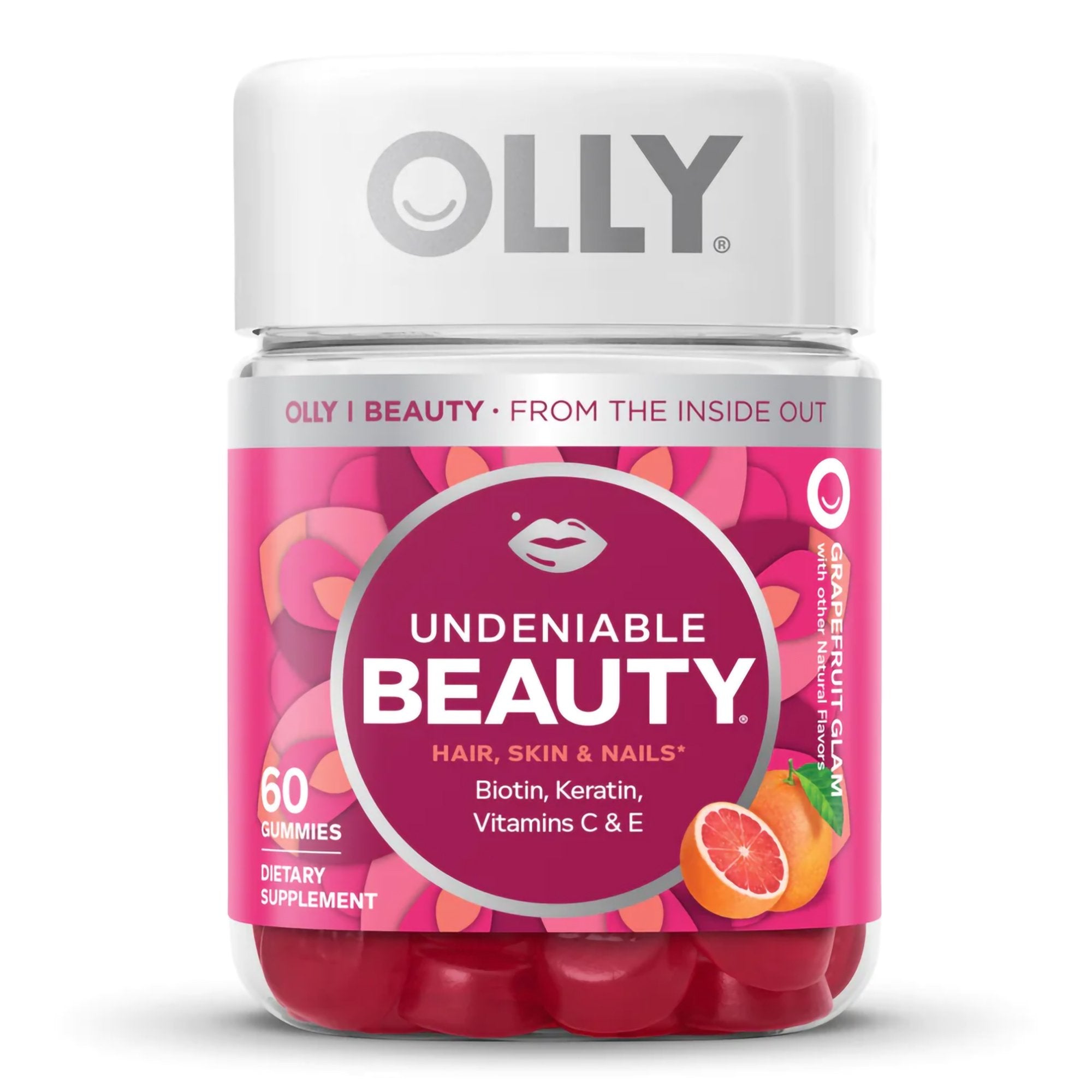 Olly Undeniable Beauty Gummies Grapefruit Glam-"Dietary Supplement OLLY Undeniable Beauty Biotin / Vitamin C / Vitamin E / Keratin 2,500 mcg - 15 mg - 7.5 mg - 50 mg Strength Gummy 60 per Bottle Grapefruit Glam Flavor"