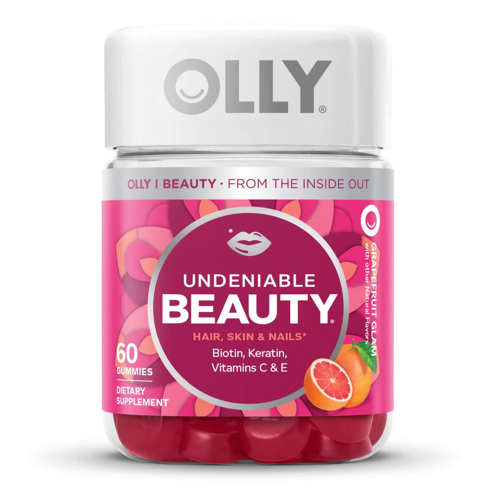 Olly Undeniable Beauty Gummies Grapefruit Glam-"Dietary Supplement OLLY Undeniable Beauty Biotin / Vitamin C / Vitamin E / Keratin 2,500 mcg - 15 mg - 7.5 mg - 50 mg Strength Gummy 60 per Bottle Grapefruit Glam Flavor"
