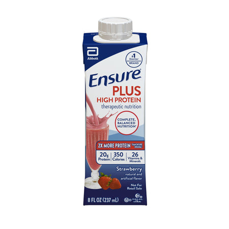 Ensure Plus High Protein Therapeutic Nutrition Shake, Strawberry, 8-ounce carton-Oral Supplement Ensure Plus High Protein Therapeutic Nutrition Shake Strawberry Flavor Liquid 8 oz. Reclosable Carton