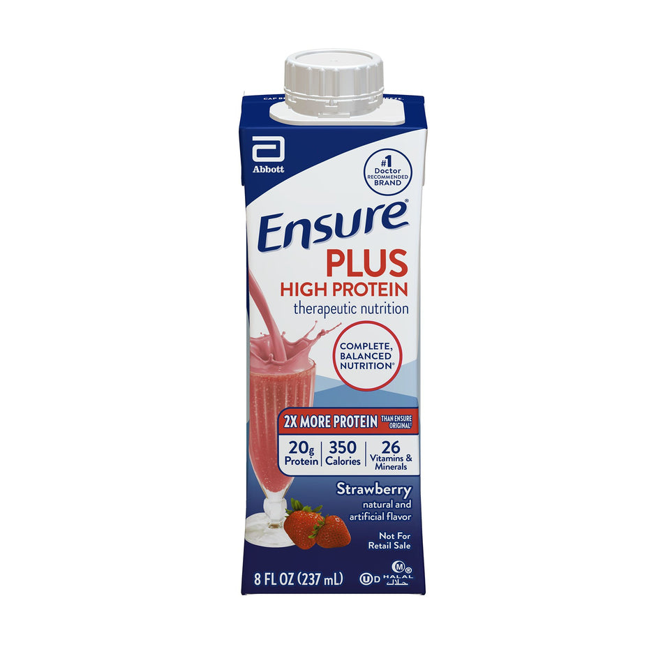 Ensure Plus High Protein Therapeutic Nutrition Shake, Strawberry, 8-ounce carton-Oral Supplement Ensure Plus High Protein Therapeutic Nutrition Shake Strawberry Flavor Liquid 8 oz. Reclosable Carton