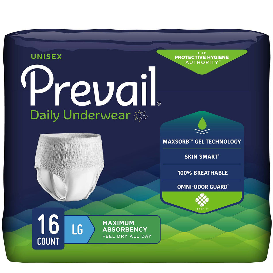 Prevail Maximum Absorbent Underwear, Large-Unisex Adult Absorbent Underwear Prevail Daily Underwear Maximum Pull On with Tear Away Seams Large Disposable Heavy Absorbency