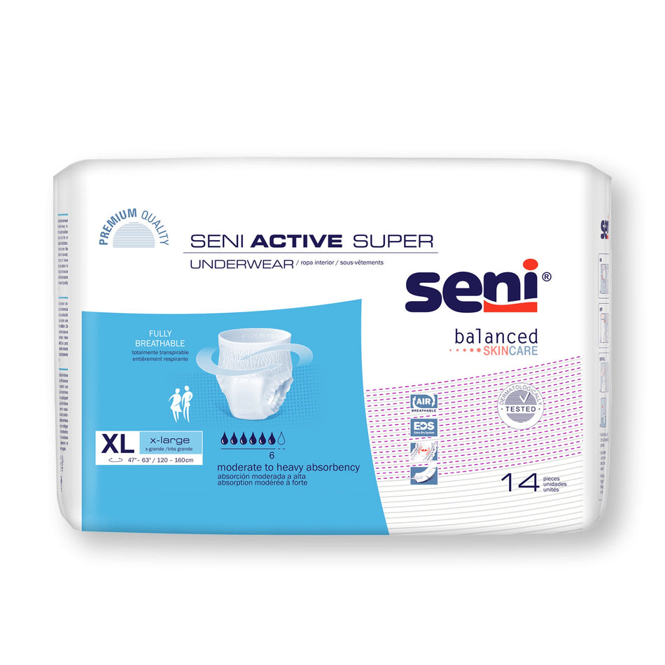 Seni Active Super Moderate to Heavy Absorbent Underwear, Extra Large-Unisex Adult Absorbent Underwear Seni Active Super Pull On with Tear Away Seams X-Large Disposable Moderate Absorbency