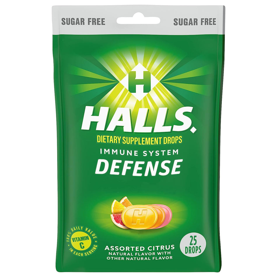 Halls Defense Dietary Supplement Drops Sugar Free Assorted Citrus-Vitamin C Supplement Halls Defense Lozenge 25 per Bag Citrus Flavor