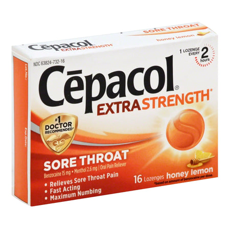Cepacol Extra Strength Benzocaine / Menthol Sore Throat Relief-Sore Throat Relief Cepacol Extra Strength 15 mg - 2.6 mg Strength Lozenge 16 per Box