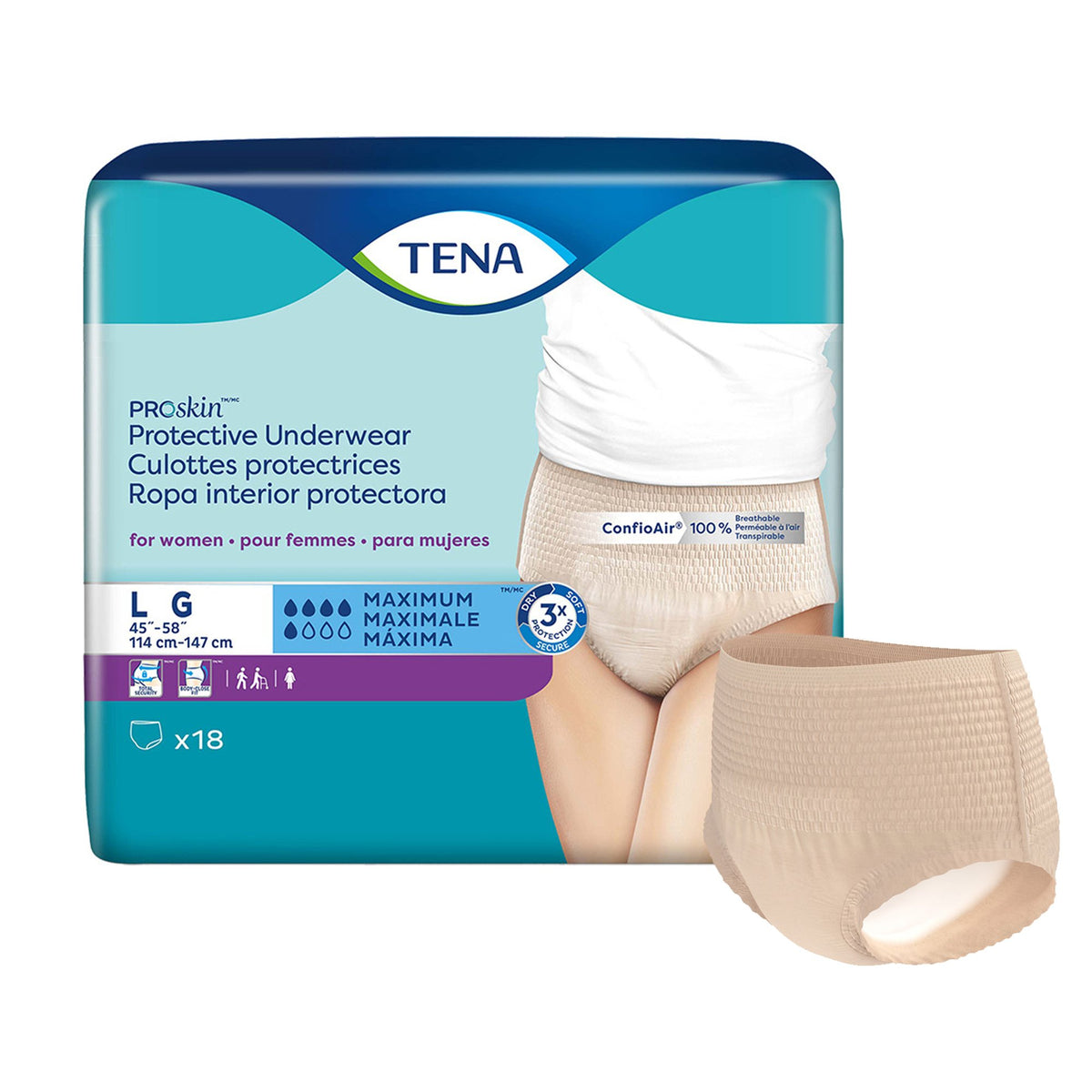 Tena ProSkin Maximum Absorbent Underwear for Women, Large-Female Adult Absorbent Underwear TENA ProSkin Protective Pull On with Tear Away Seams Large Disposable Moderate Absorbency