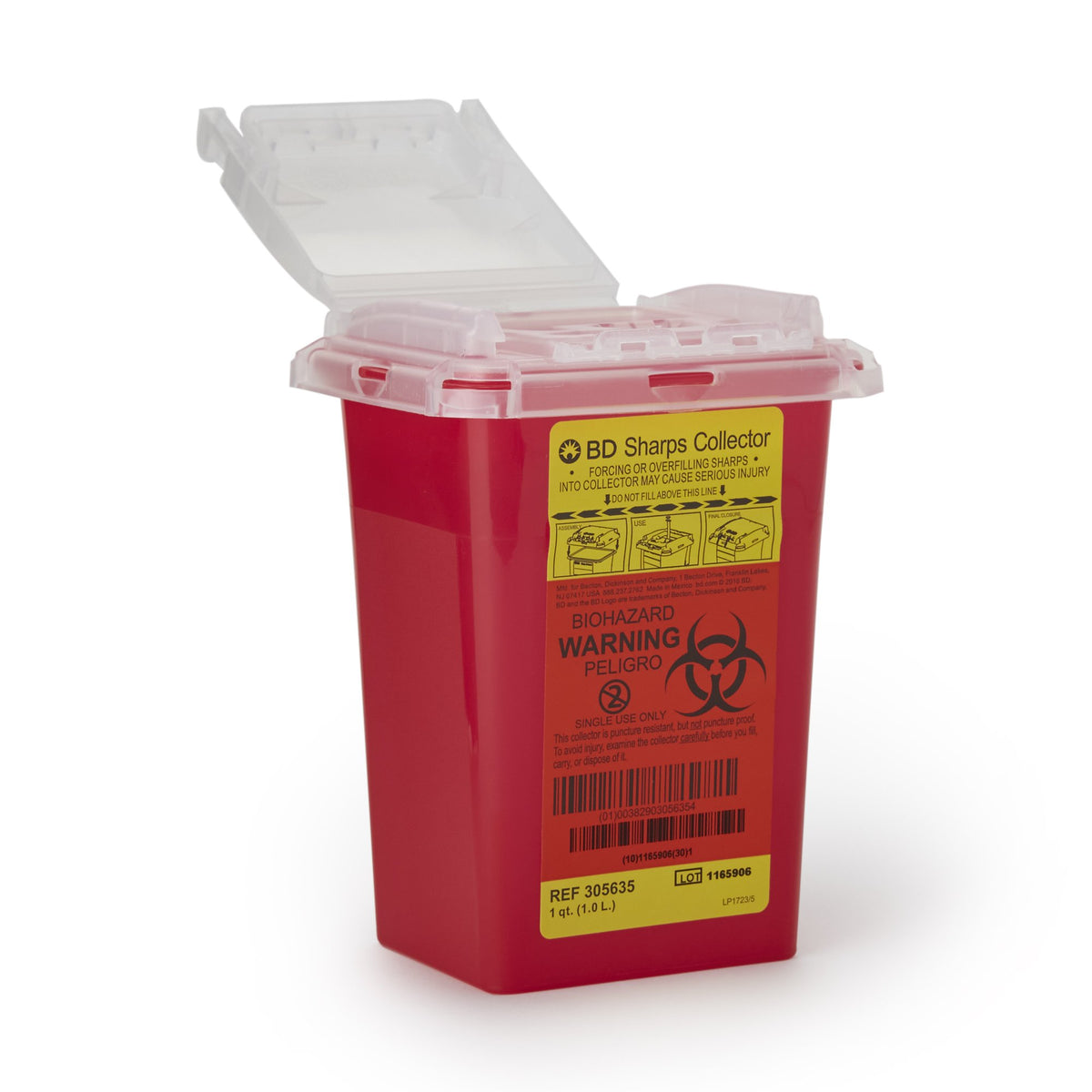 BD Multi-purpose Sharps Container, 1 Quart, 7 x 4-9/10 x 3-9/10 Inch-Sharps Container BD Red Base 7 H X 4-9/10 W X 3-9/10 D Inch Vertical Entry 0.25 Gallon
