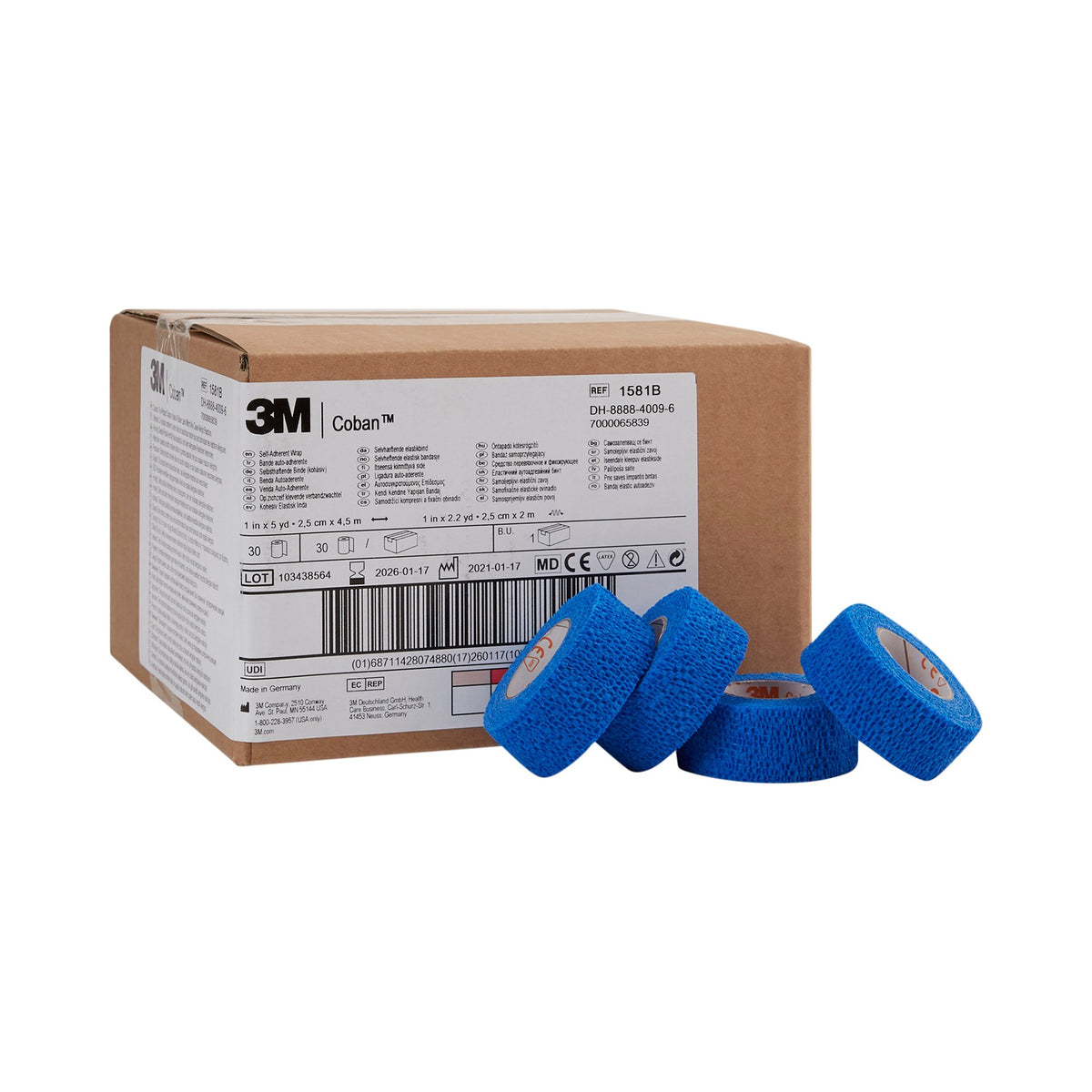 3M Coban Self-adherent Closure Cohesive Bandage, 1 Inch x 5 Yard, Blue-Cohesive Bandage 3M Coban 1 Inch X 5 Yard Self-Adherent Closure Blue NonSterile Standard Compression