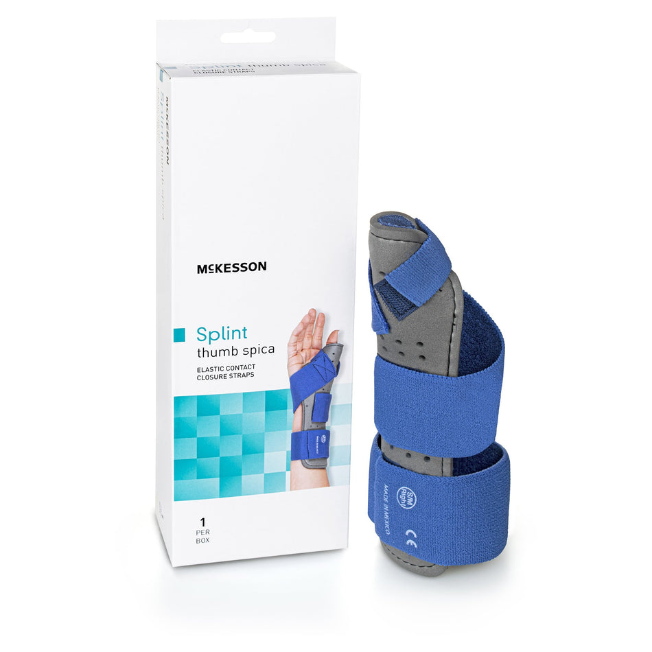 McKesson Right Thumb Splint, Large / Extra Large-Wrist Brace with Thumb Spica McKesson Preformed Right Hand Blue / Gray Large / X-Large