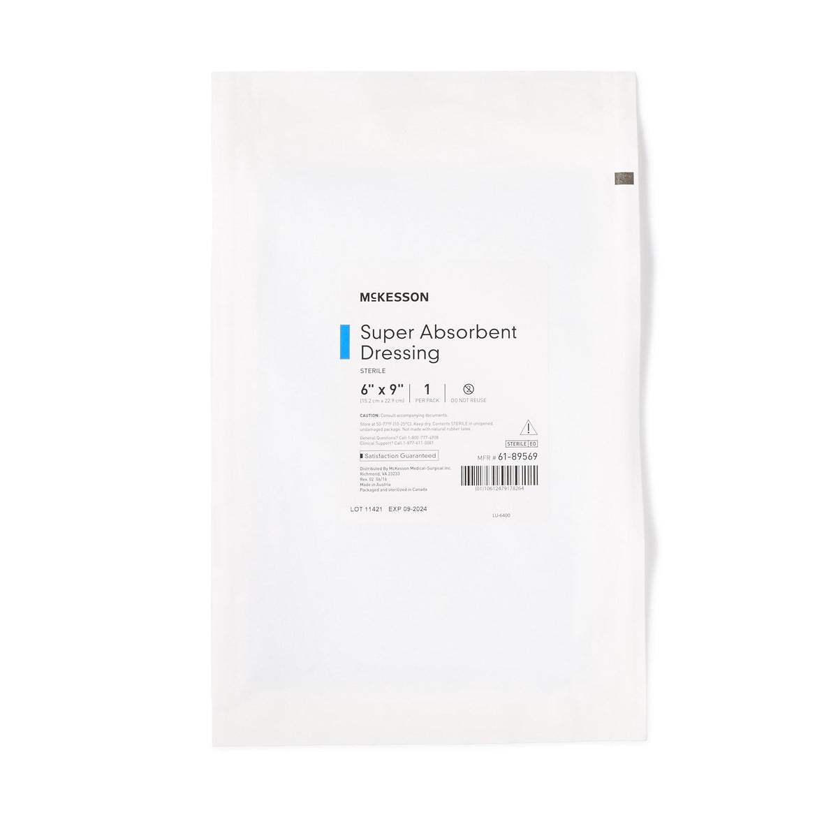 McKesson Super Absorbent Dressing, 6 x 9 Inch-Super Absorbent Dressing McKesson 6 X 9 Inch Rectangle