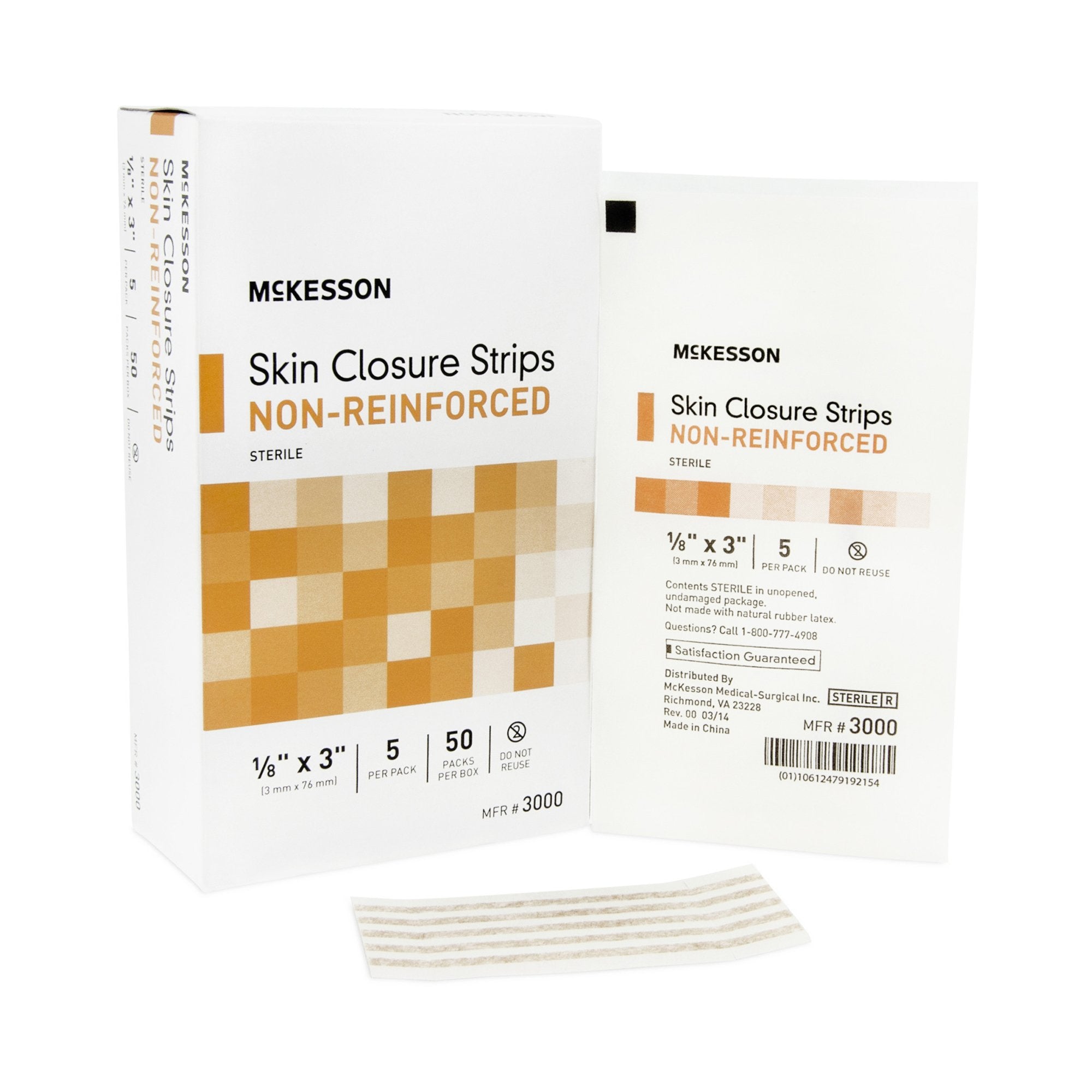 McKesson Non-Reinforced Skin Closure Strip, 1/8 x 3 in.-Skin Closure Strip McKesson 1/8 X 3 Inch Nonwoven Material Flexible Strip Tan