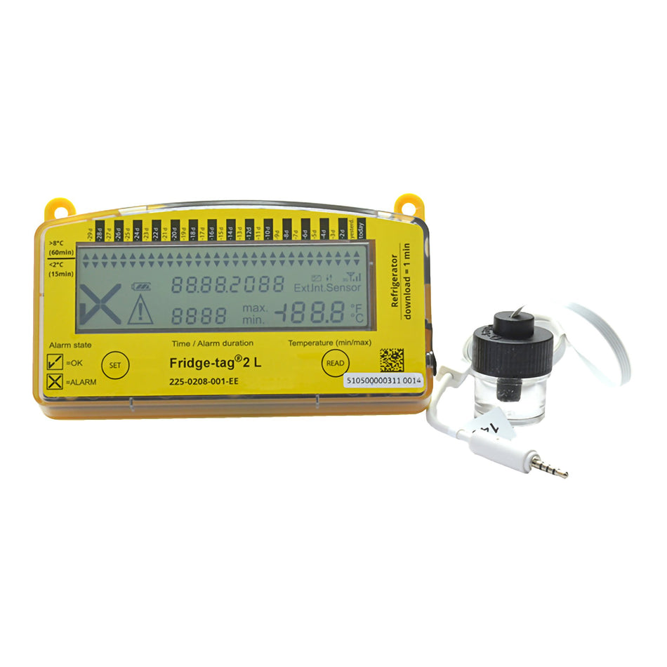 Fridge-tag 2L Refrigerator Vaccine Data Logger with Alarm-Refrigerator Vaccine Data Logger with Alarm Fridge-tag 2L Fahrenheit / Celsius -22 to +131F (-30 to +55C) Glycol Bottle Probe Battery Operated