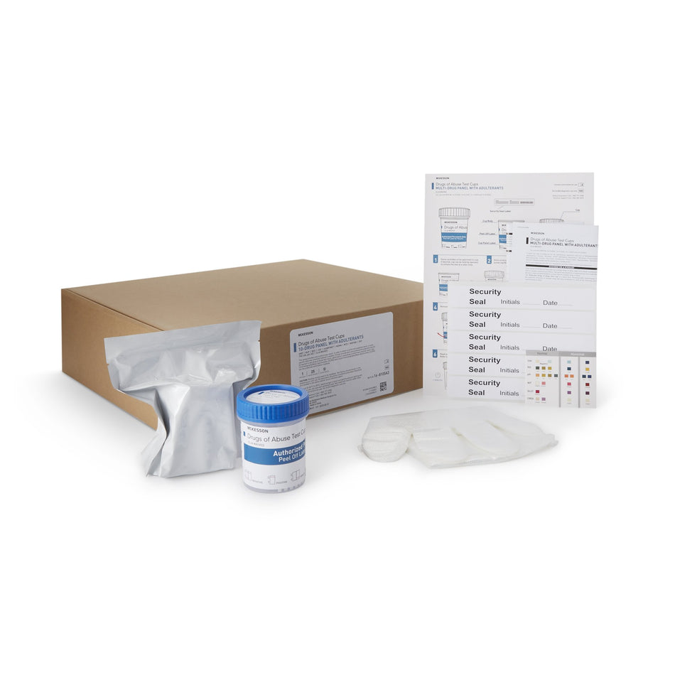 McKesson 10-Drug Panel with Adulterants Drugs of Abuse Test-"Drugs of Abuse Test Kit McKesson AMP, BUP, BZO, COC, mAMP/MET, MDMA, MTD, MOP300, OXY, THC (OX, pH, SG) 25 Tests CLIA Waived"