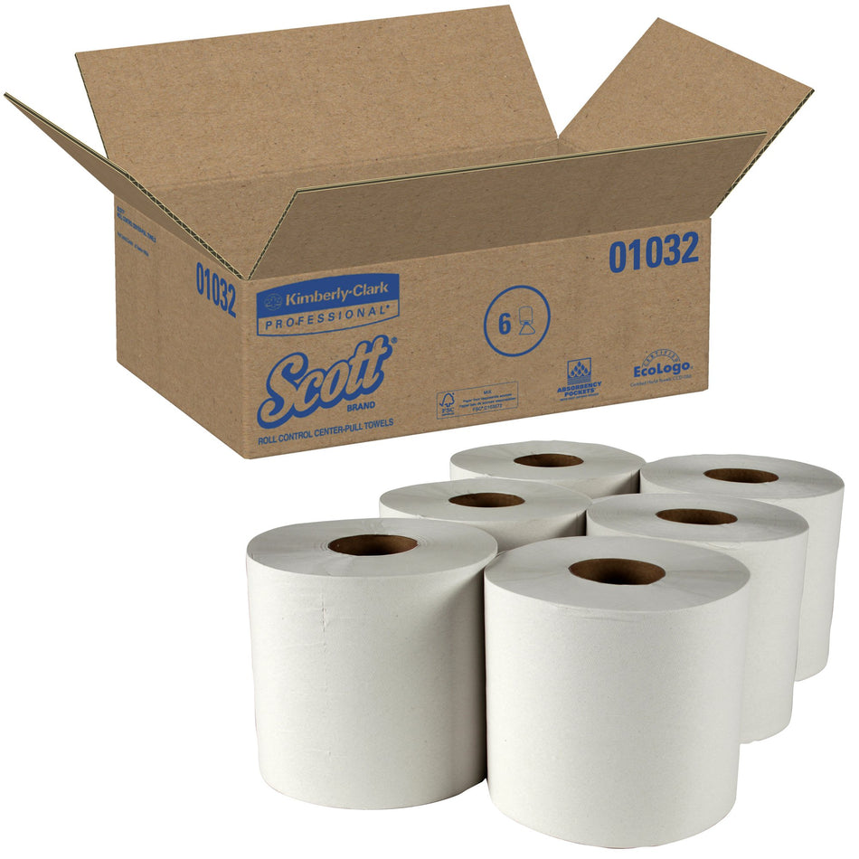 Scott Essential White Paper Towel, 6 Rolls per Case-Paper Towel Scott Essential Perforated Center Pull Roll 8 X 12 Inch