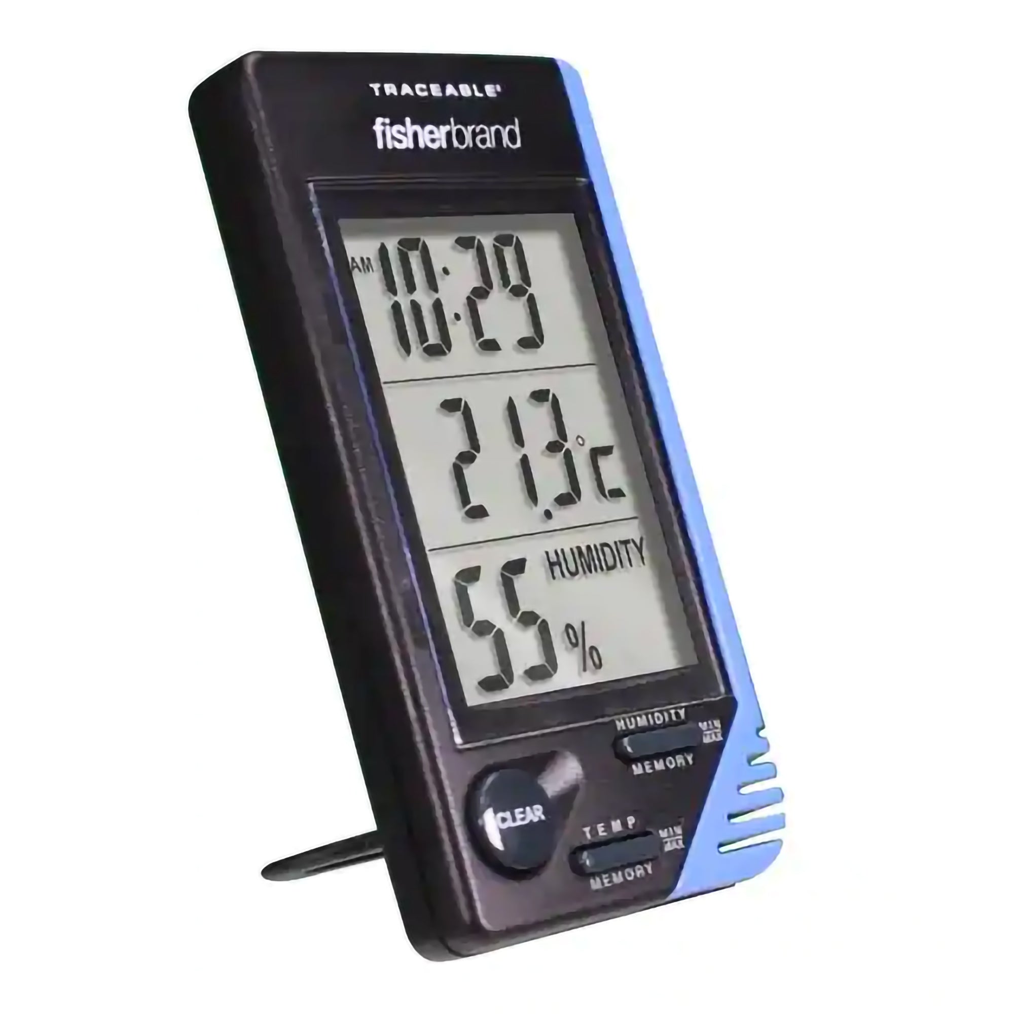 Fisherbrand Traceable Digital Thermometer / Hygrometer, 32 to 122 F-Thermometer / Clock / Humidity Monitor Fisherbrand Traceable Fahrenheit / Celsius 32 to 122F (0 to 50C) Internal Sensor Flip-out Stand / Wall Mount Battery Operated