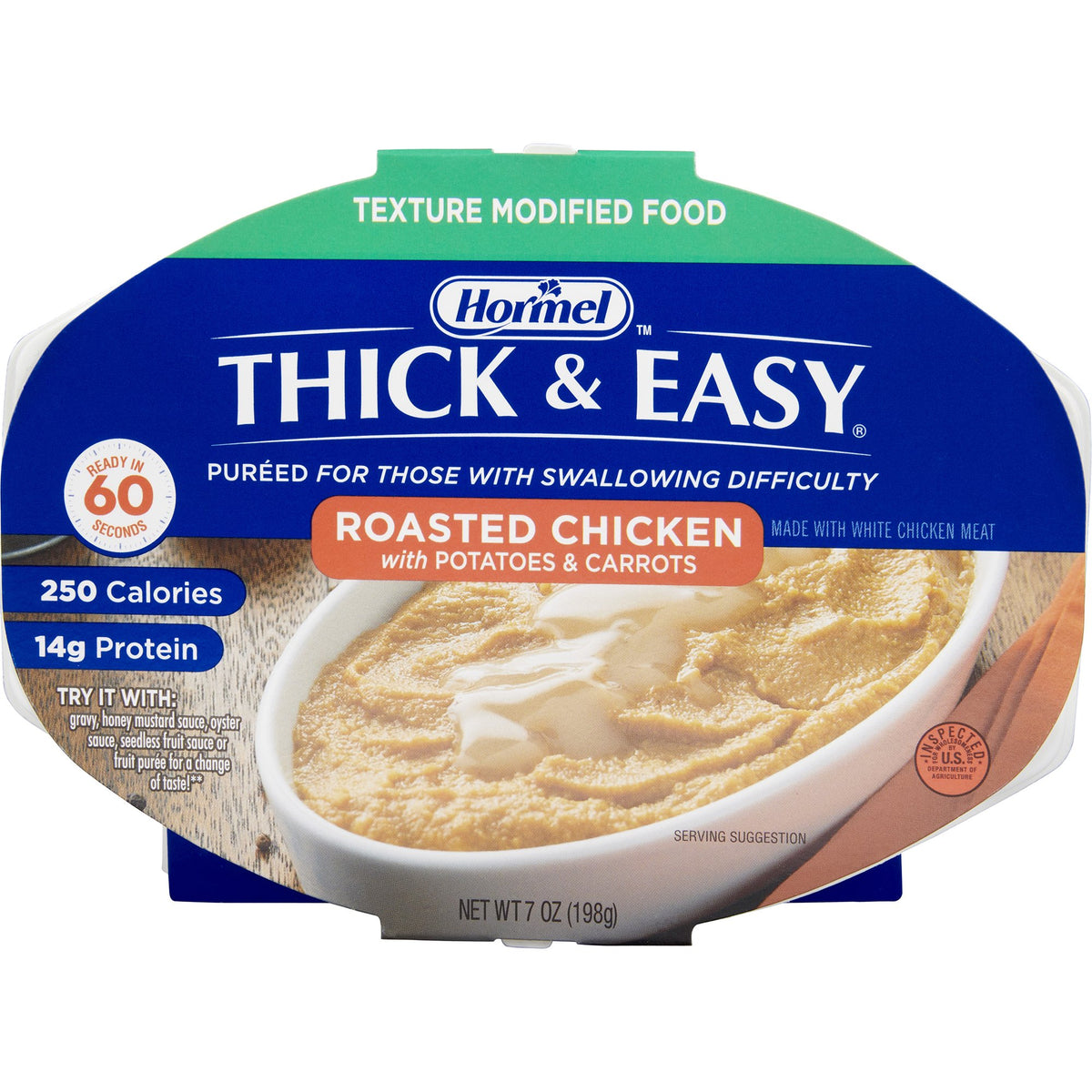 Thick & Easy Roasted Chicken with Potatoes and Carrots Pure Thickened Food, 7-ounce Tray-Thickened Food Thick & Easy Purees 7 oz. Tray Roasted Chicken with Potatoes / Carrots Flavor Puree IDDSI Level 2 Mildly Thick