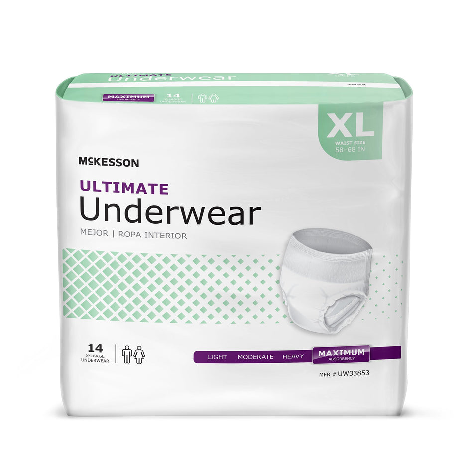 McKesson Ultimate Heavy Absorbency Incontinence Underwear, Extra Large-Unisex Adult Absorbent Underwear McKesson Pull On with Tear Away Seams X-Large Disposable Heavy Absorbency