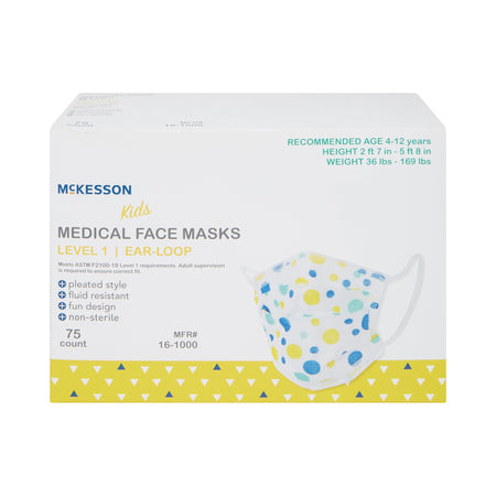 McKesson Pediatric Procedure Mask, Blue and Yellow Polka Dot-Procedure Mask McKesson ASTM Level 1 Earloops Child Size