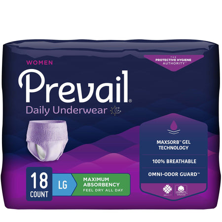 Prevail for Women Daily Absorbent Underwear, Large, Heavy Absorbency-Female Adult Absorbent Underwear Prevail Daily Underwear Pull On with Tear Away Seams Large Disposable Heavy Absorbency