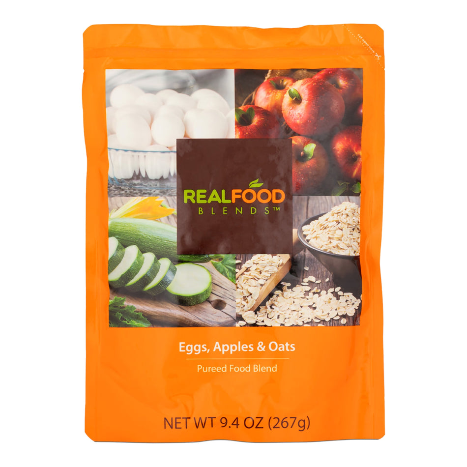 Real Food Blends Eggs, Apples & Oats Pureed Food Blend for Tube Feeding, 9.4-ounce pouch-"Tube Feeding Formula Real Food Blends Apples, Whole Eggs, Water, Zucchini, Falxseed Oil, Rolled Oats (Oats are certified gluten-free.) Liquid 9.4 oz. Pouch"