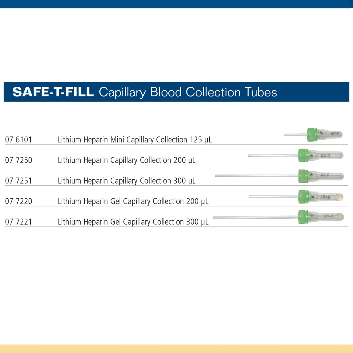 Safe-T-Fill Capillary Blood Collection Tube, 125 L, 1.1 mm Diameter-Safe-T-Fill Capillary Blood Collection Tube Lithium Heparin Additive 125 L Pierceable Attached Cap Plastic Tube