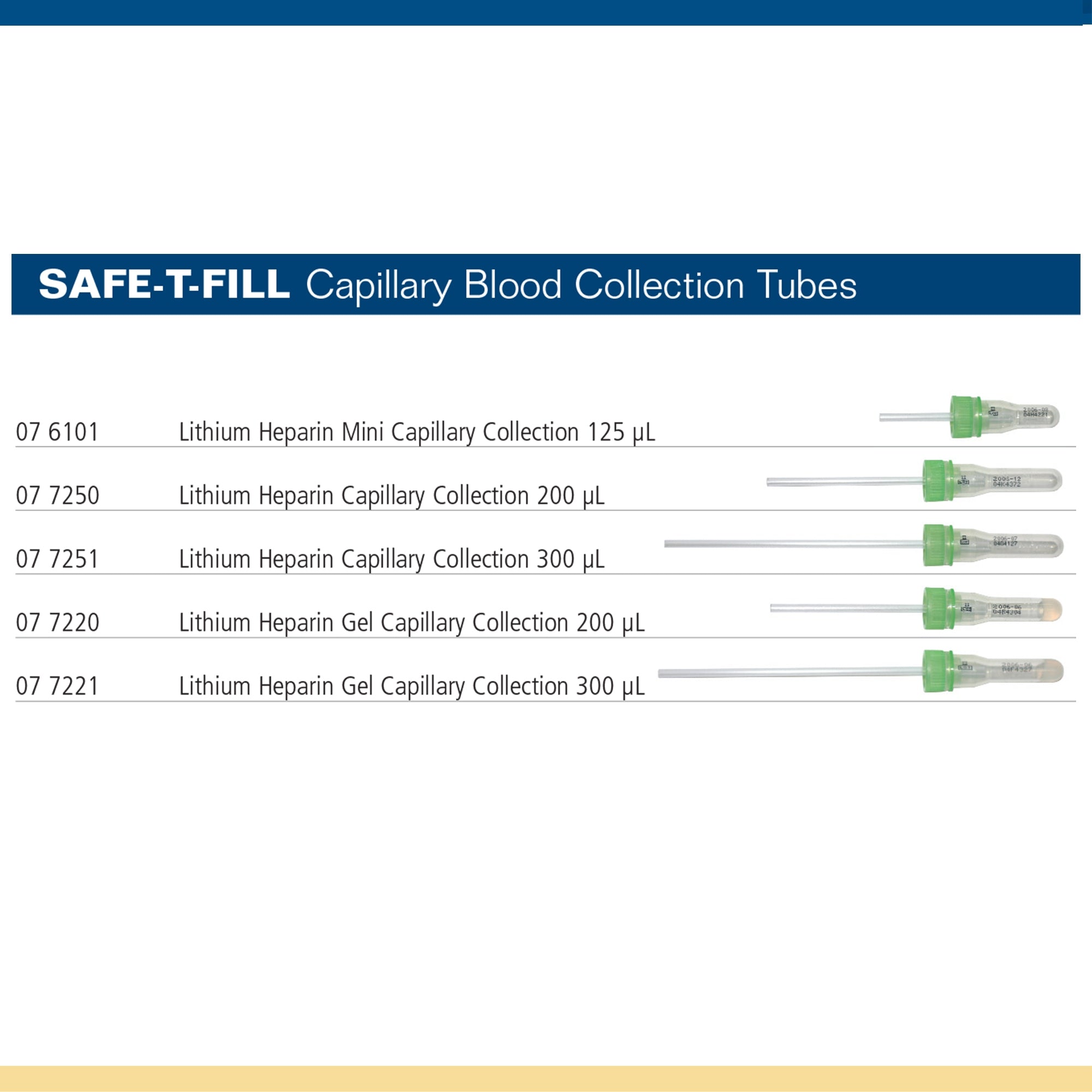 Safe-T-Fill Capillary Blood Collection Tube, 125 L, 1.1 mm Diameter-Safe-T-Fill Capillary Blood Collection Tube Lithium Heparin Additive 125 L Pierceable Attached Cap Plastic Tube