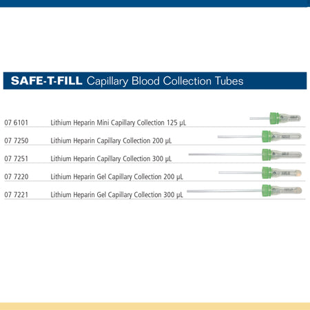 Safe-T-Fill Capillary Blood Collection Tube, 125 L, 1.1 mm Diameter-Safe-T-Fill Capillary Blood Collection Tube Lithium Heparin Additive 125 L Pierceable Attached Cap Plastic Tube