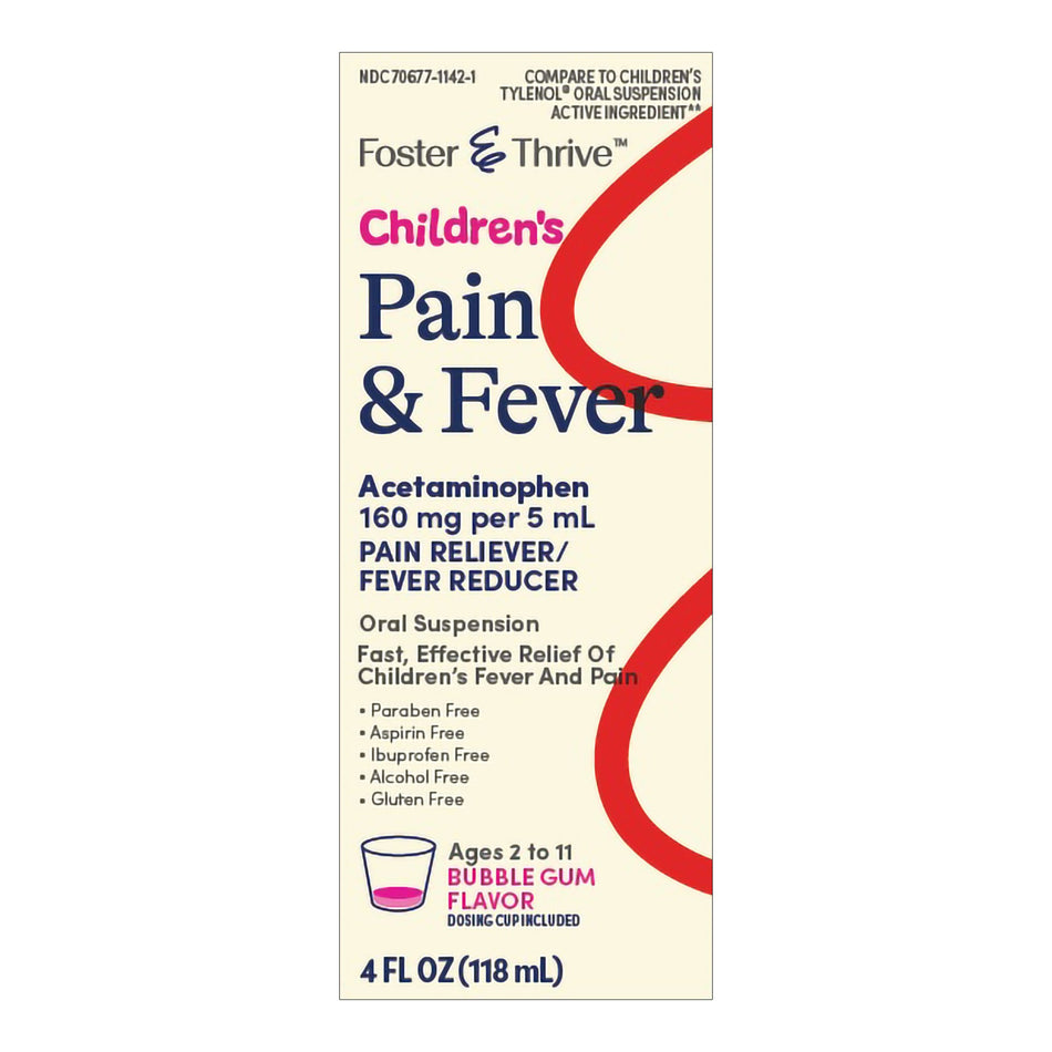 Foster & Thrive Children's Pain & Fever Acetaminophen 160 mg per 5 mL Oral Suspension Bubble Gum-Children's Pain Relief Foster & Thrive 160 mg Strength Acetaminophen Suspension 4 oz.