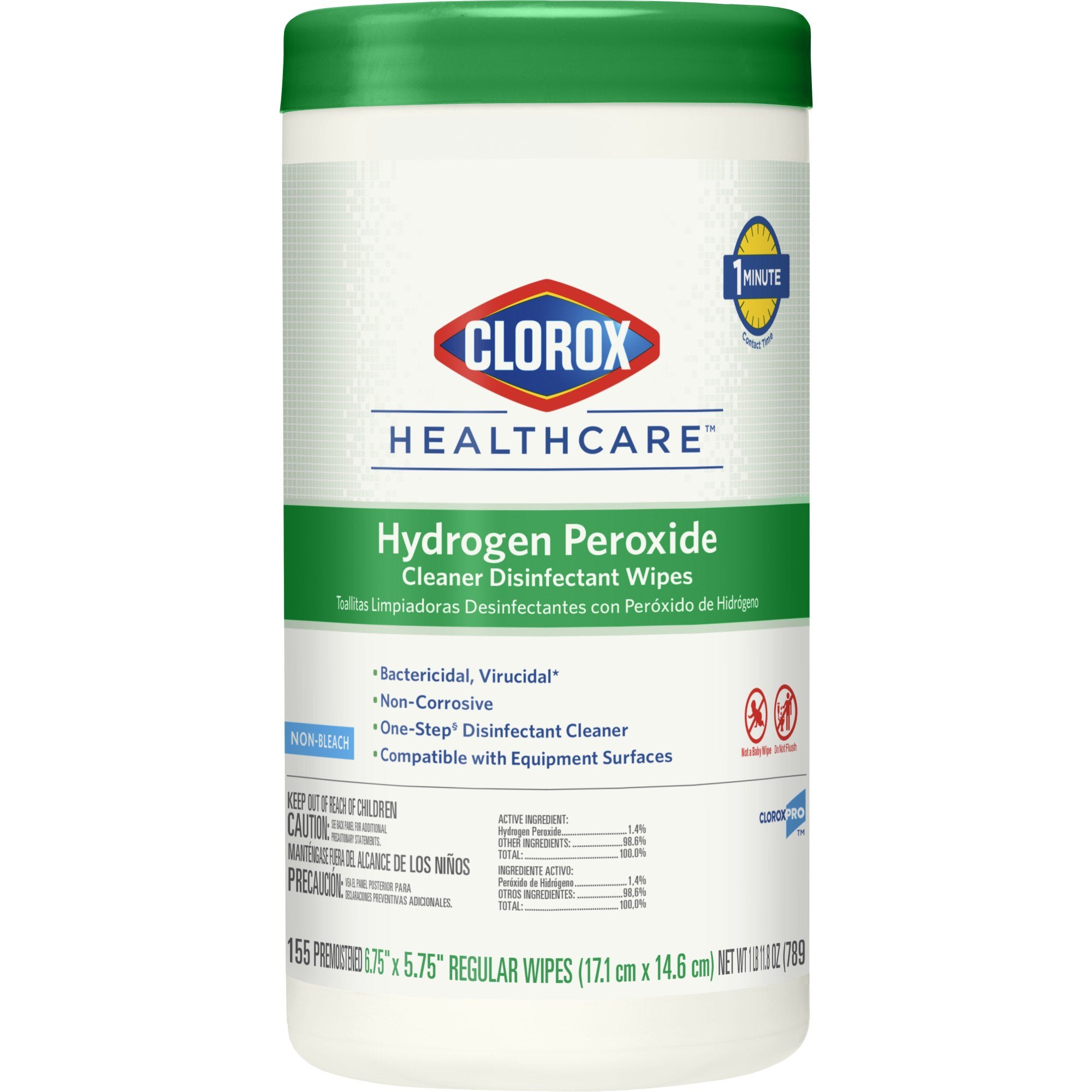 Clorox Healthcare Hydrogen Peroxide Cleaner Disinfectant Wipes, Canister, 155 ct.-Clorox Healthcare Surface Disinfectant Cleaner Premoistened Hydrogen Peroxide Based Manual Pull Wipe 155 Count Canister Unscented NonSterile